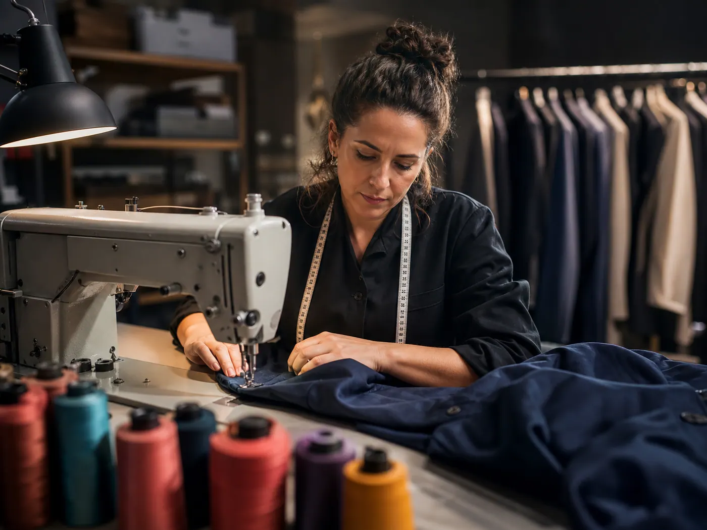 A craftsperson altering a garment at a sewing machine